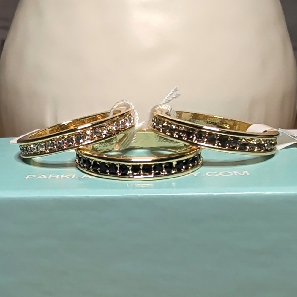 Park Lane Band Size 8 Gold Tone Channel-Set of 3 Black Clear Round Crystal Inlay